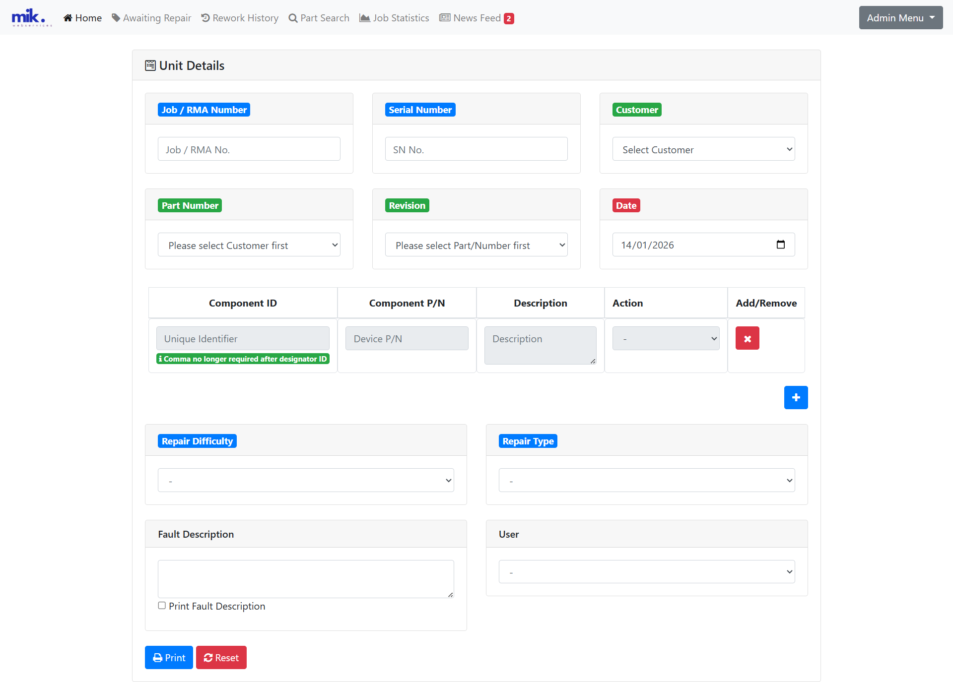 Screenshot of bespoke electronics rework and returns management dashboard